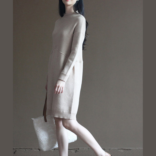 Nude Winter the Rabbit Wool Blended Knit Dresses Loose Patchwork Sweater Dress