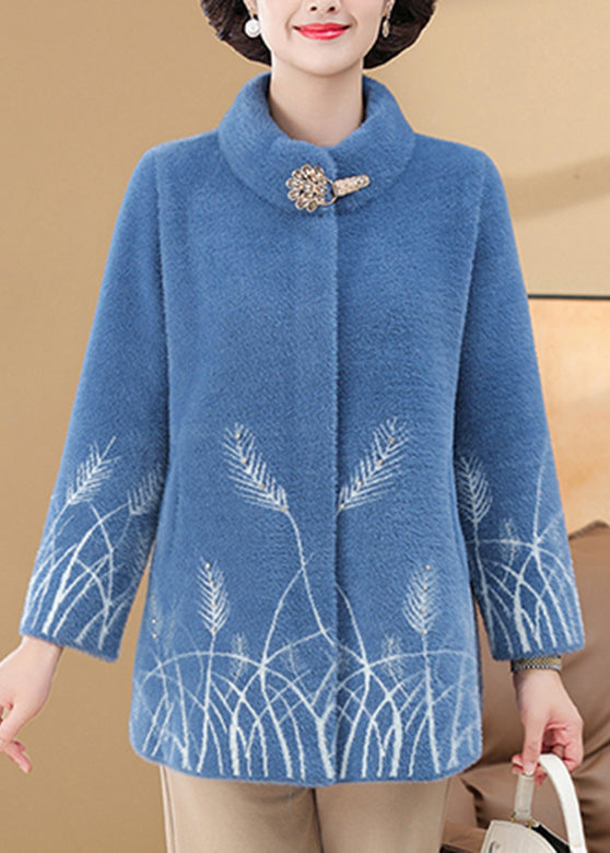 Omen Blue Print Pockets Mink Velvet Coats Spring