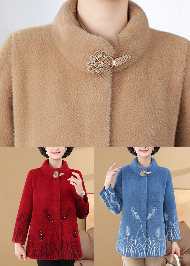 Omen Blue Print Pockets Mink Velvet Coats Spring