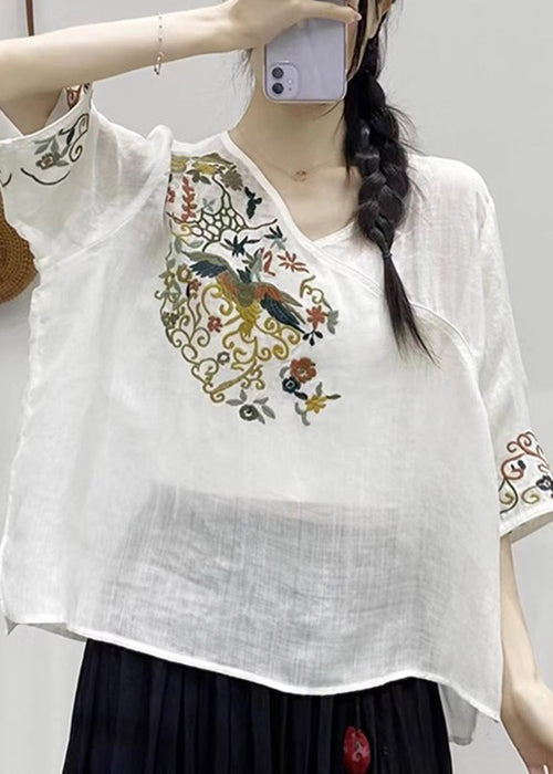 Oose Black V Neck Embroideried Patchwork Linen Top Half Sleeve