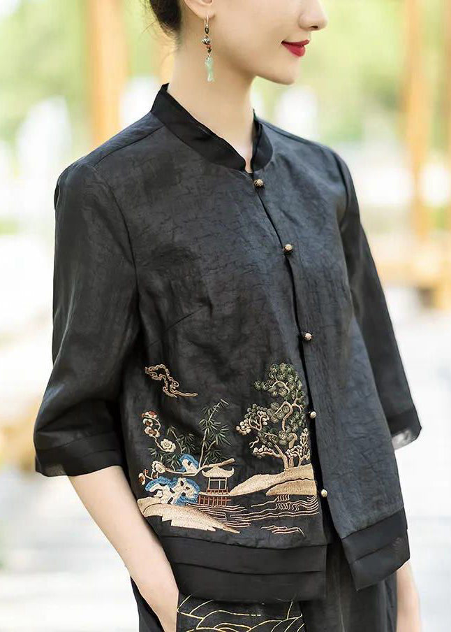 Original Design Black Stand Collar Embroideried Patchwork Silk Top Half Sleeve