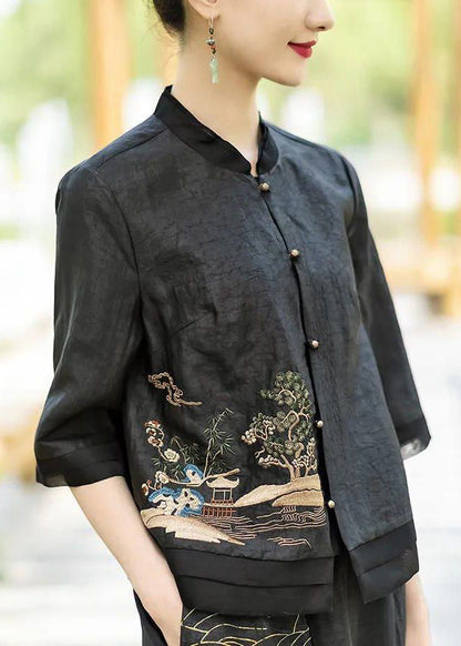 Original Design Black Stand Collar Embroideried Patchwork Silk Top Half Sleeve