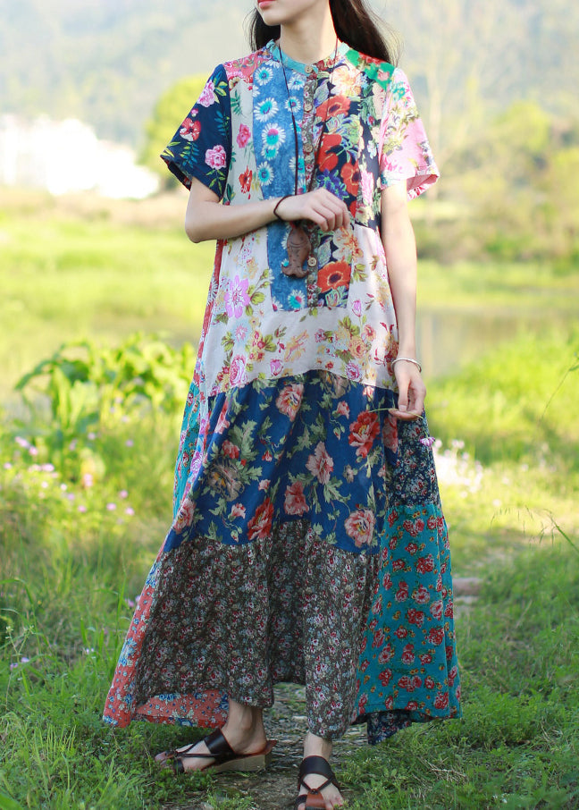 Original Design Stand Collar Print Patchwork Dress Short Sleeve