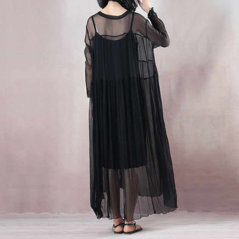 Original Designed Black Summer Dress V Neck Long Sleeve Length Dress Baggy Dresses Summer Dress
