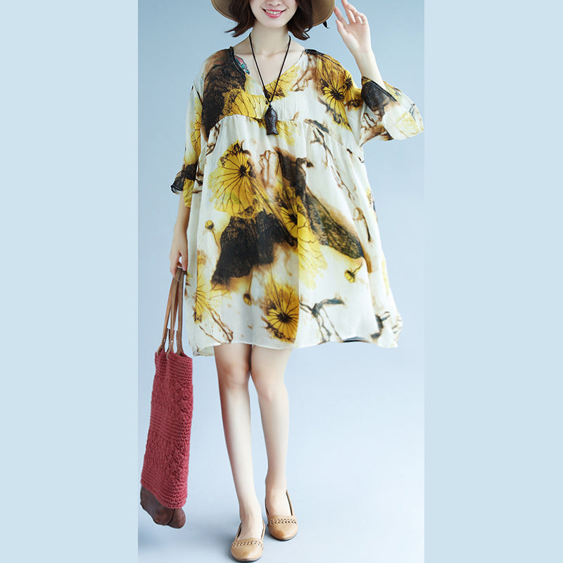 Original Designed Chiffon Print Summer Dress V Neck Half Sleeve Gown Patchwork Baggy Dresses
