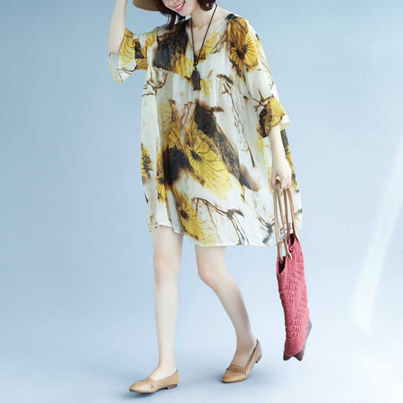 Original Designed Chiffon Print Summer Dress V Neck Half Sleeve Gown Patchwork Baggy Dresses