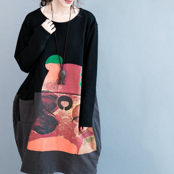 Oversize Autumn Winter Prints Cotton Dresses Black Gray Patchwork Thick Maternity Dress