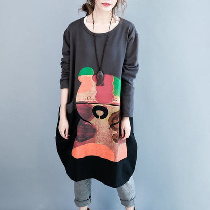 Oversize Autumn Winter Prints Cotton Dresses Black Gray Patchwork Thick Maternity Dress