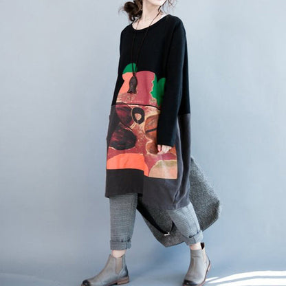 Oversize Autumn Winter Prints Cotton Dresses Black Gray Patchwork Thick Maternity Dress