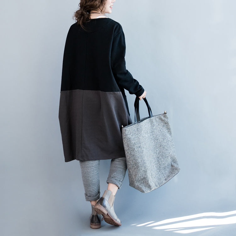 Oversize Autumn Winter Prints Cotton Dresses Black Gray Patchwork Thick Maternity Dress