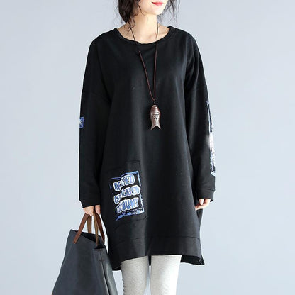 Oversize Autumn Black Cotton Dresses Loose Prints Long Sleeve Dress