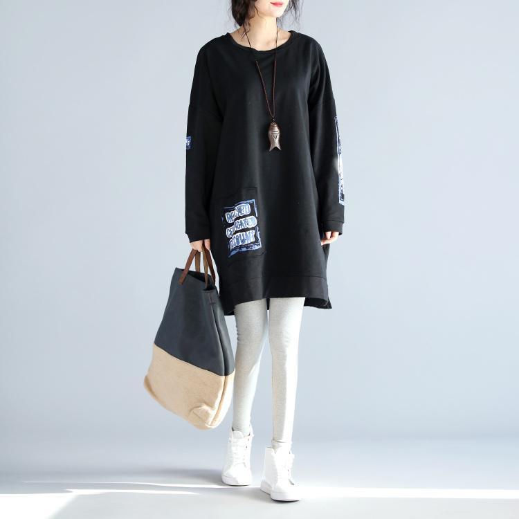 Oversize Autumn Black Cotton Dresses Loose Prints Long Sleeve Dress