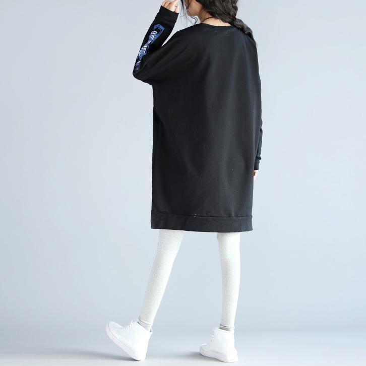 Oversize Autumn Black Cotton Dresses Loose Prints Long Sleeve Dress