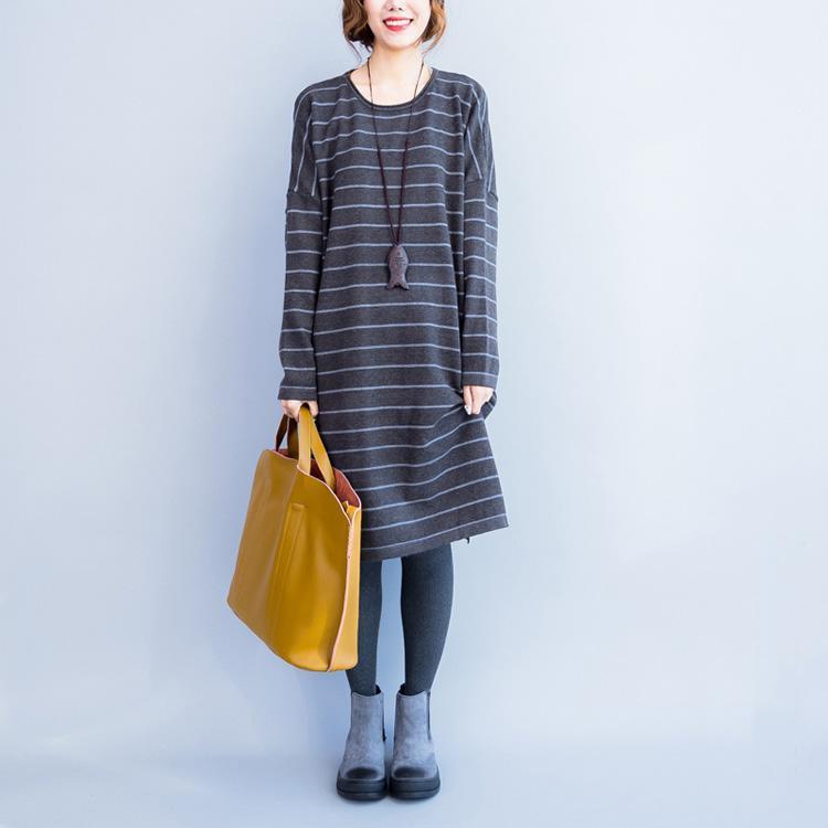 Oversize Gray Striped Knit Dresses Long Sleeve Sweater Dress Side Open