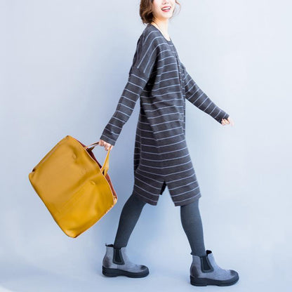 Oversize Gray Striped Knit Dresses Long Sleeve Sweater Dress Side Open