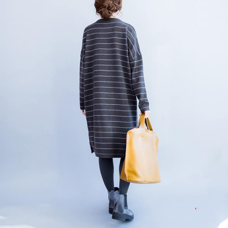 Oversize Gray Striped Knit Dresses Long Sleeve Sweater Dress Side Open