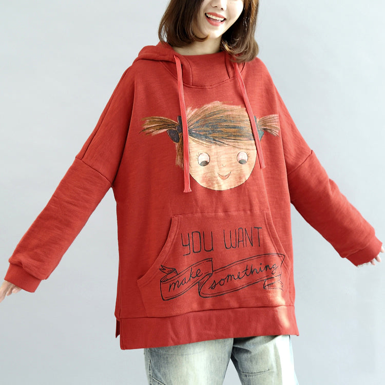 Oversized Red Hoodies Cotton Pullover Tops Warm Winter Dress