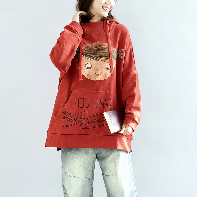 Oversized Red Hoodies Cotton Pullover Tops Warm Winter Dress
