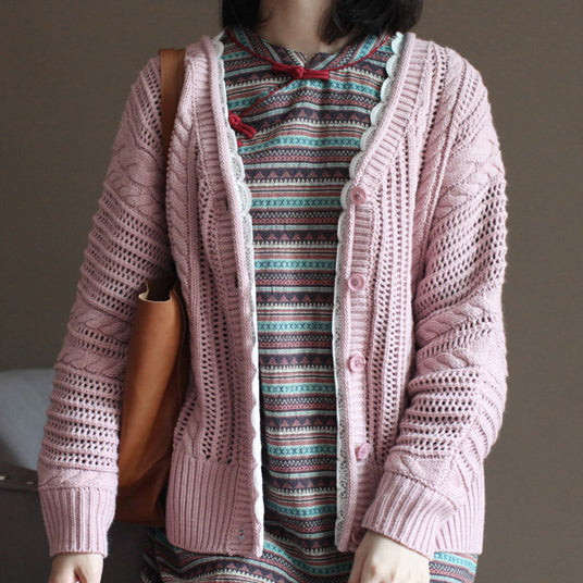 Pink Cotton Sweater Tops Loose Lace Chunky Knit Cardigans