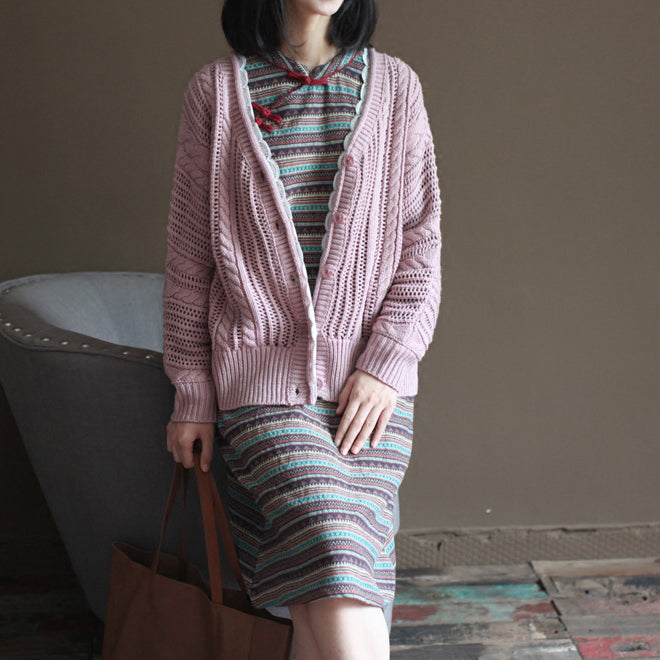 Pink Cotton Sweater Tops Loose Lace Chunky Knit Cardigans