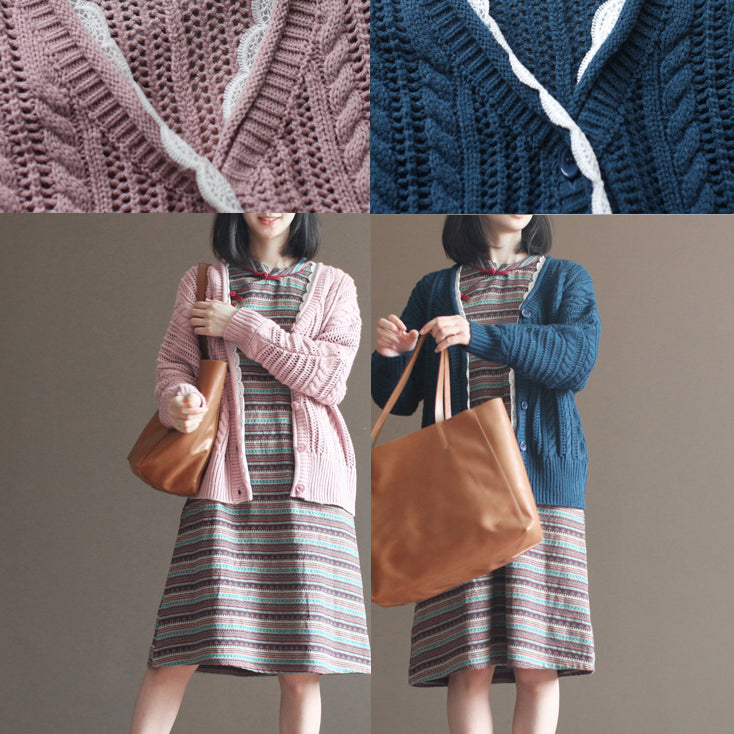 Pink Cotton Sweater Tops Loose Lace Chunky Knit Cardigans