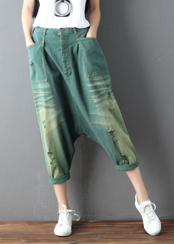 Green Pockets Hole Harem Pants Spring