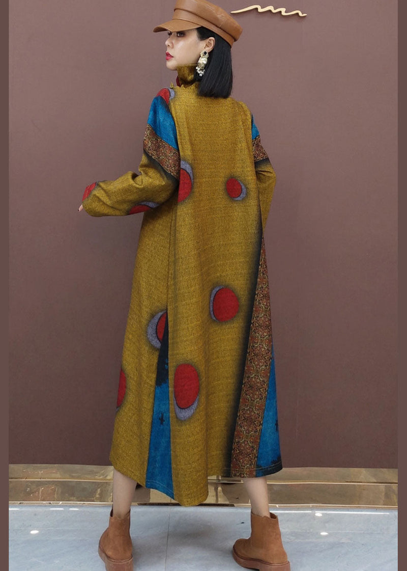 Khaki Dot Print Woolen Long Dresses Spring