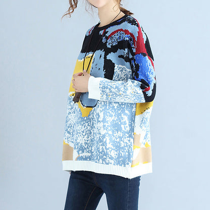 Blue Print Woolen Knit Tops O Neck Warm Sweater