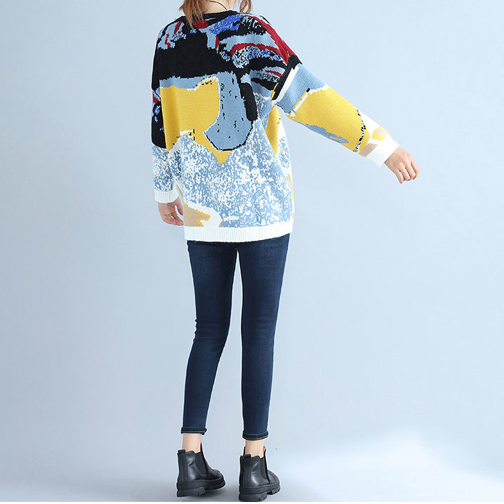 Blue Print Woolen Knit Tops O Neck Warm Sweater