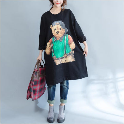 Black Cartoon Print Cotton Dresses Long Sleeve Mid Long T Pullover