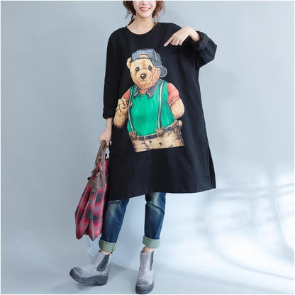 Black Cartoon Print Cotton Dresses Long Sleeve Mid Long T Pullover