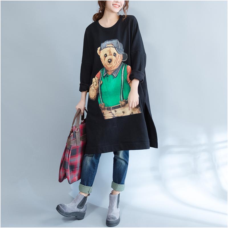 Black Cartoon Print Cotton Dresses Long Sleeve Mid Long T Pullover