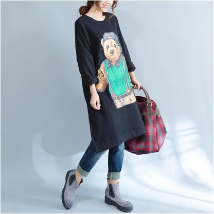 Black Cartoon Print Cotton Dresses Long Sleeve Mid Long T Pullover