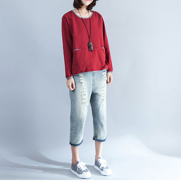 Cotton T Shirt Burgundy Chunky Long Sleeve Tops