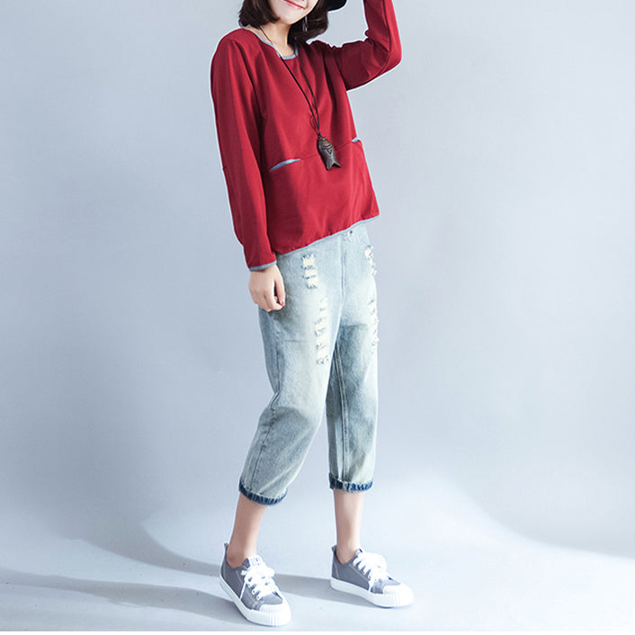 Cotton T Shirt Burgundy Chunky Long Sleeve Tops