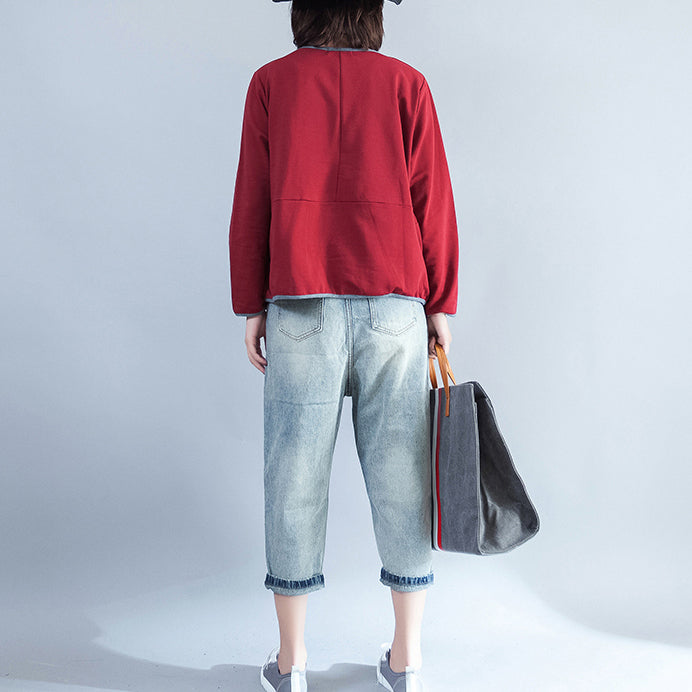 Cotton T Shirt Burgundy Chunky Long Sleeve Tops