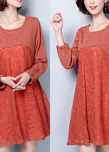 Dark Pink Cotton Blended Dresses Patchwork Lace O Neck Dress