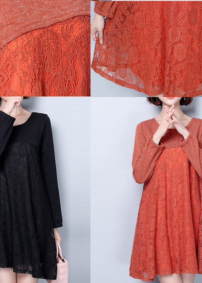 Dark Pink Cotton Blended Dresses Patchwork Lace O Neck Dress