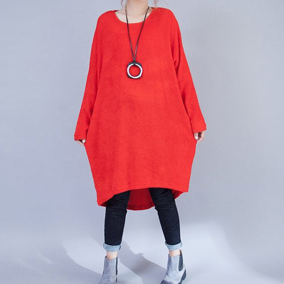 Woolen Dresses Red Low High Sweater Dress