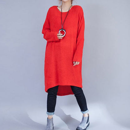 Woolen Dresses Red Low High Sweater Dress