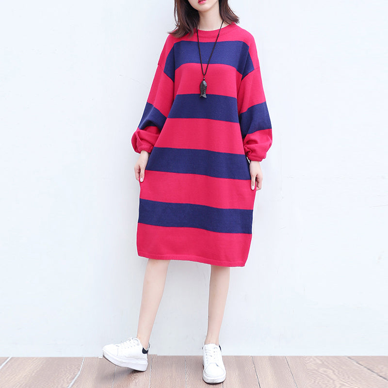 Woolen Knit Dresses Red Blue Striped Patchwork Oversize Ling Sleeve Sweater Dress