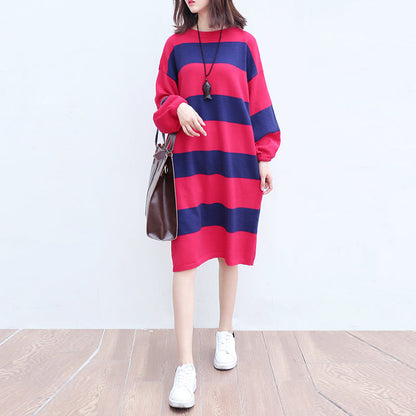 Woolen Knit Dresses Red Blue Striped Patchwork Oversize Ling Sleeve Sweater Dress