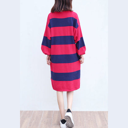 Woolen Knit Dresses Red Blue Striped Patchwork Oversize Ling Sleeve Sweater Dress