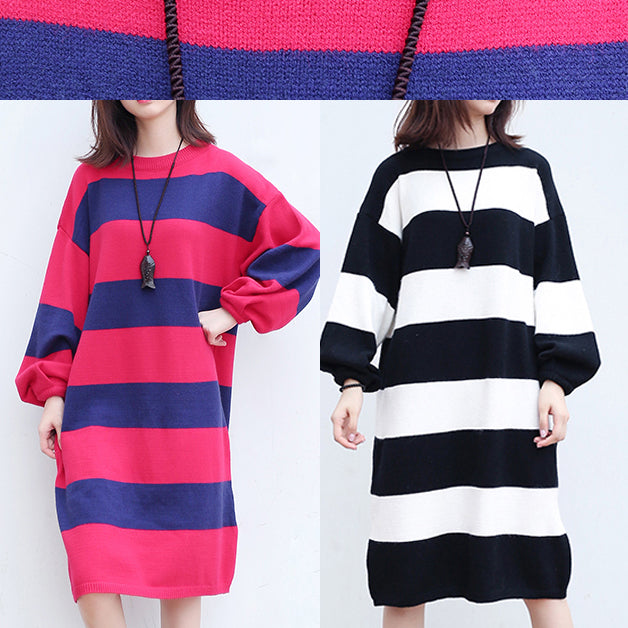 Woolen Knit Dresses Red Blue Striped Patchwork Oversize Ling Sleeve Sweater Dress