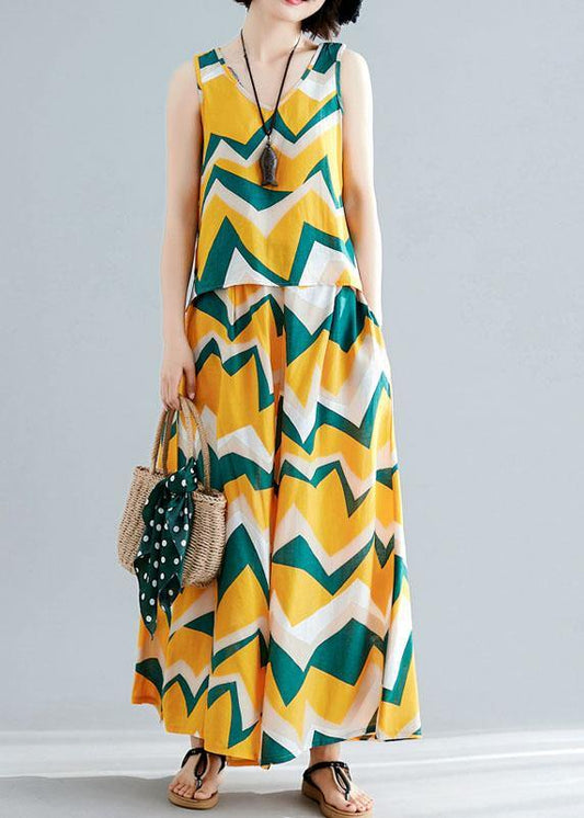 Cotton Linen Two Pieces Yellow V Neck Tops With Prints Wide Leg Pants