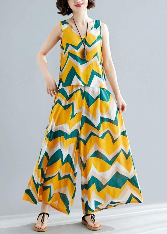 Cotton Linen Two Pieces Yellow V Neck Tops With Prints Wide Leg Pants