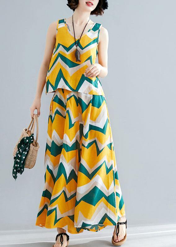 Cotton Linen Two Pieces Yellow V Neck Tops With Prints Wide Leg Pants