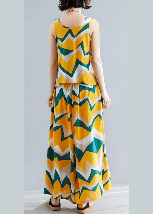 Cotton Linen Two Pieces Yellow V Neck Tops With Prints Wide Leg Pants