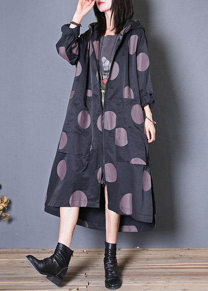 Fall Coat Black Dotted Hooded Pockets Coat