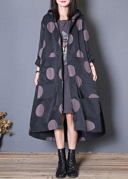 Fall Coat Black Dotted Hooded Pockets Coat